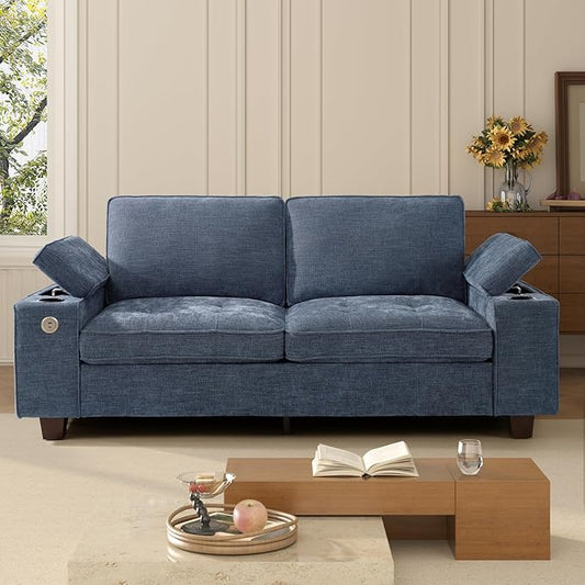 84" Loveseat for Living Room,Modern Chenille Upholstered 2-Seater Loveseat Couch for Apartment,Solid Wood Sofa with Adjustable Storage Armrest,Cup Holders,USB & Type-C Ports(Blue)
