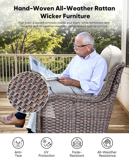 7-Piece Outdoor Wicker Patio Furniture Set with Swivel Glider Chairs, 3-Seat Sofa, Coffee Table & Ottomans 5” Olefin Cushions Ergonomic Neck-Lumbar Backrest All-Weather Rattan for Garden, Deck, Porch