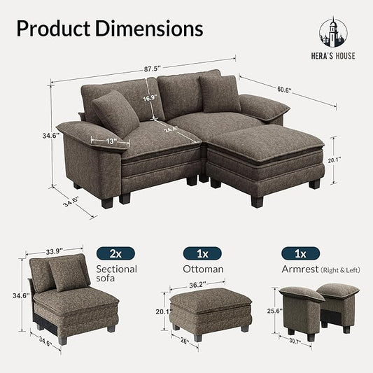 HERA'S HOUSE 88" Modular Sectional Sofa, L Shaped Couches for Living Room, Comfy Cloud Couch with Ottoman, 3-Seater Deep Seat Sofa with Throw Pillow, Chenille Ash
