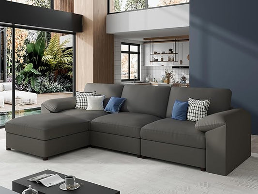 EASE MOOSE Leather Sectional Couch, Oversized Modular Sectional Sofas, Wide Deep Seat Modular Couch, Scratch Resistant Faux Leather Material, L Shaped Sofa for Big Spaces, Grey