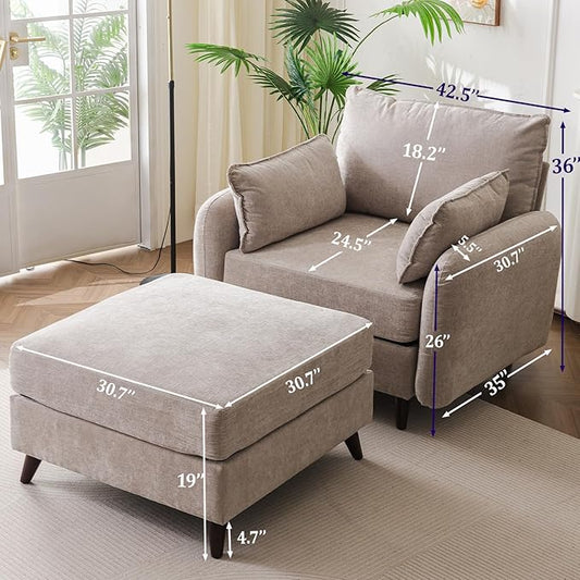 Oversized Accent Chair with Ottoman,All Seats Storage,Comfy Armchair,24.5'' Deep Seat,Upholstered Living Room Chairs,Reading Chair,Lounge Chair for Bedroom,Office,Chenille,Khaki
