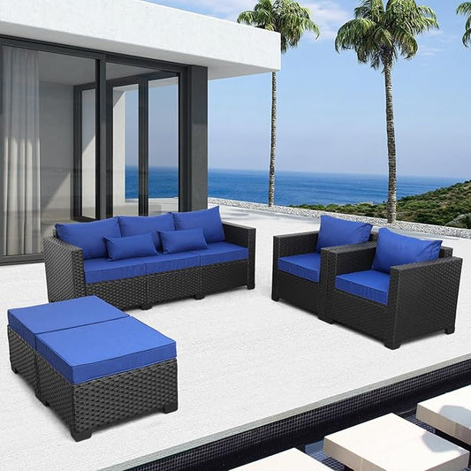 Rattaner Outdoor Wicker Furniture Couch Set 5 Pieces Patio Furniture Sectional Sofa with Royal Blue Cushions and Waterproof Covers