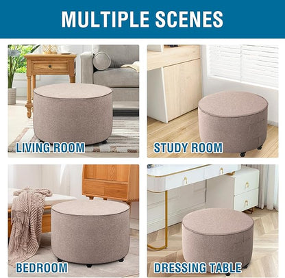 H.VERSAILTEX Ottoman Cover Round Thick Linen Look Ottoman Slipcover Round Ottoman Storage Cover Folding Stool Covers Furniture Protector Cover for Footrest Ottoman Fit Dia 36" - 38", Heather Taupe