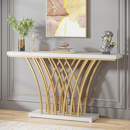 LITTLE TREE Narrow Entryway Console Table,Faux Marble White+Gold