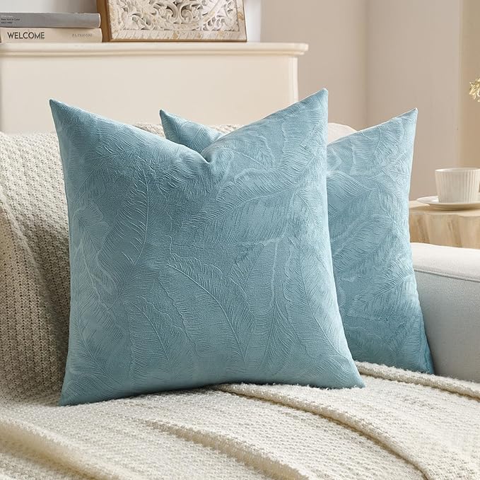 FUTEI Grey Blue Velvet Throw Pillow Covers 20x20 Inch Set of 2,Soft Embossed Leaf-Relief Textured Cushion Cases,Natural Home Decor for Couch Living Room