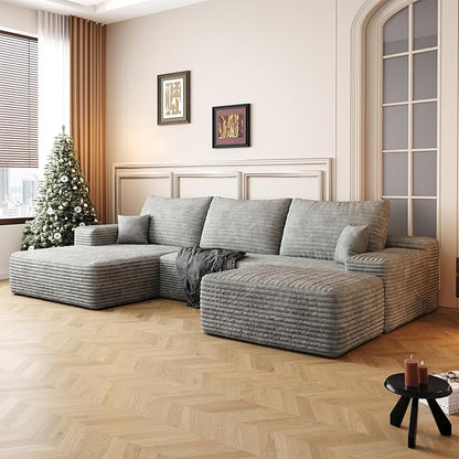 107.5" Compressed Boneless Couch with Ottoman, 2 Seater Large U Shaped Sectional Couches for Living Room, Grey Corduroy Cloud Modular Sectional Sofa, Memory Foam, No Assembly，Light Facing Chaise