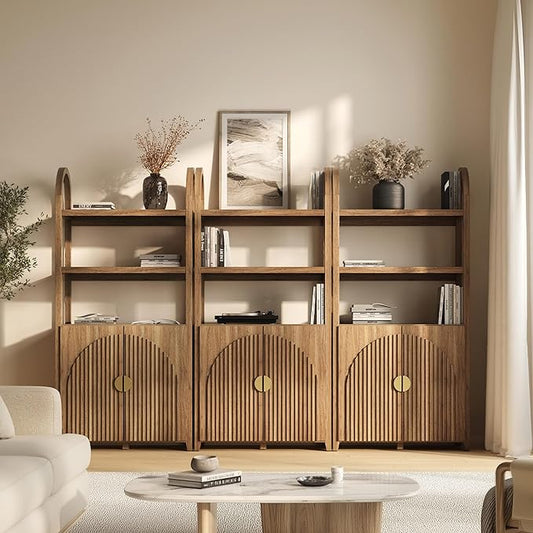 BELLEZE Book Shelf 72" Tall Arched Bookcase with Storage, 5 Tier Mid Century Modern Fluted Bookshelf with Doors, Modular Bookshelves for Living Room Office Library, Set of 3 (Caramel Brown)