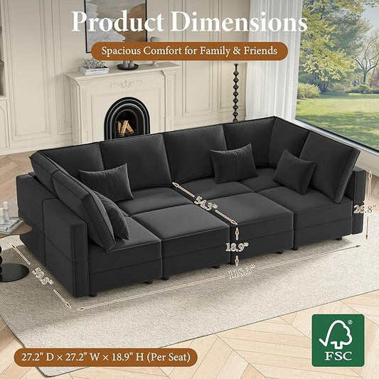 Vesgantti Sectional Sleeper Sofas with Storage, 118" Sofa Bed with 8 Seats Storage Chaises Removeble Cover, Deep Seat Modular Couches Velvet Couch Set for Living Room, Apartment, Home Theatre, Black