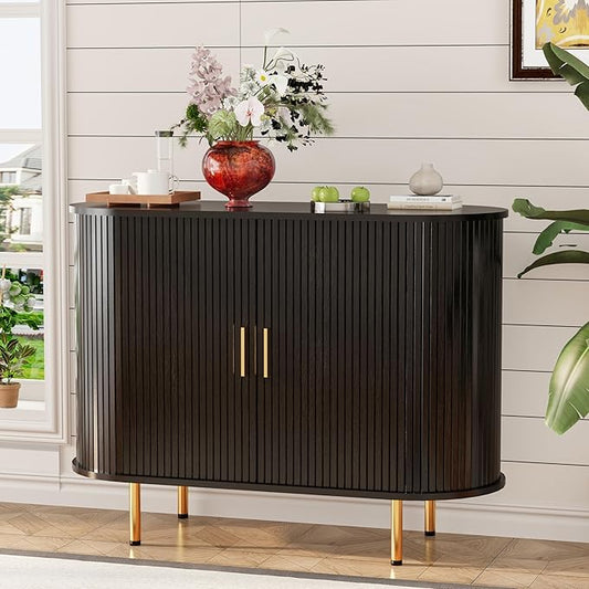 DHH Storage Cabinet, Fluted Sideboard Buffet Cabinet with Tambour Sliding Doors& Adjustable Shelf, Accent Coffee Bar Console Table for Kitchen, Living Room, Entryway (Black, 40 Inch)