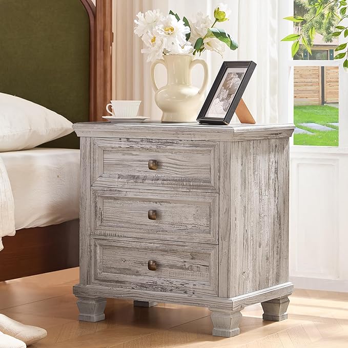 Farmhouse Bedroom Dresser and Nightstand Set of 4, 6 Drawer Tall & Low Dresser & 3 Drawer Nightstand Set with Wooden Legs, Rustic Wood Bedroom Furniture Sets for Livingroom, Hallway, Grey