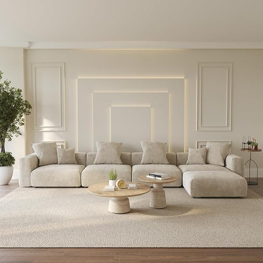 Oversized Modular Sectional Sofa with Ottomans,5 Seater Corduroy L Shaped Reversible Corner Couch,181.1" Convertible Sofa & Couch Free Combination for Living Rooom,Beige