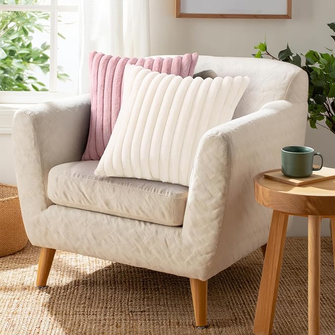 Pallene Faux Fur Plush Lumbar Christmas Throw Pillow Covers 12x20 Set of 2, Luxury Soft Fluffy Striped Decorative Pillow Covers for Sofa, Couch, Living Room, Cream White