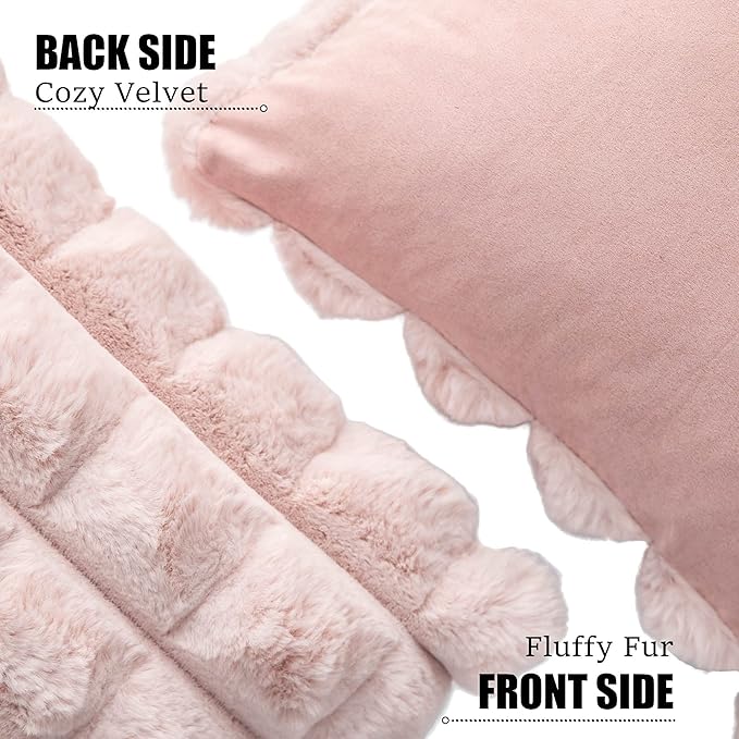 Neelvin Pink Faux Fur Cozy Soft Plaid Decorative Throw Pillow Covers 22x22 inch Set of 2,Velvet Pillowcase Cushion Case for Sofa Couch