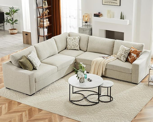ABCASA 112" L Shaped Sectional Sofa with Detachable Sofa Cover, Reversible Sectional Modular Couch for Living Room, Linen Fabric Corner Couch with 7 Seats, Oatmeal