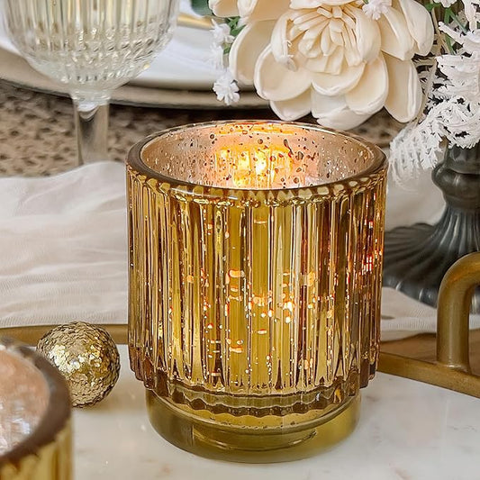 Kate Aspen Gold Votive Candle Holders - Vintage Ribbed Glass Candle Holder Set of 6 - Mercury Glass Tealight Holders for Christmas Table Decor, Holiday Centerpieces, Fall Thanksgiving Tablescape