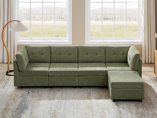 VANOMi 4 Seat Cloud Couches for Living Room with Ottoman, 118" Modular Sectional Sofas & Couches, Cozy Chenille Cloud Sectional Couch Sofa for Apartment, Office, Olive Green, L Shaped