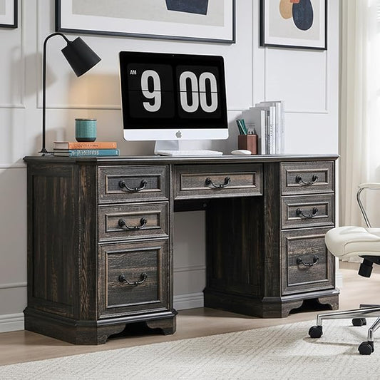 RedLemon 60" Executive Desk with Drawers,Wood Home Office Desk, Featuring Keyboard Tray,Charging Station,File Drawer, Storage Cabinet,for Work and Study (Dark Rustic Oak)