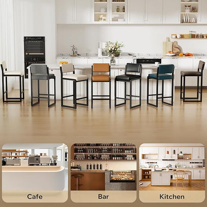 Bar Stools Set of 5, Fabric Counter Height Bar Stools with High Back and Metal Legs, Upholstered Bar Chairs, 26" Modern Barstools for Kitchen Island, Grey
