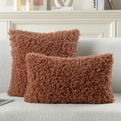 FUTEI Rust Decorative Throw Pillow Covers 16x16 Inch Set of 2,Soft Fluffy Faux Wool Fur Boucle Textured Cushion Case,Modern Home Decor for Couch Bed Living Room Office