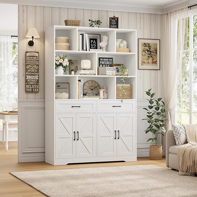 HOSTACK 71" Tall Bookcase with Drawers and Doors, 47" Wide Book Shelf and Bookcase with Storage, 6 Tier Large Book Storage Cabinet with 14" Deep Display Shelves for Living Room, Home Office, White