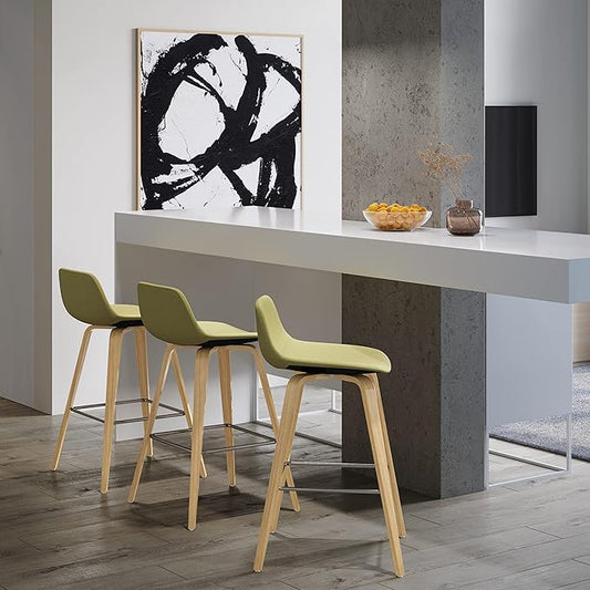 SIMPLIHOME Randolph Counter Stools (Set of 2) - 28 Inch Seat Height Upholstered Bentwood Kitchen Seats in Acid Green Linen Look Fabric, Mid Century Modern Seating with Curved Backrest and Footrest