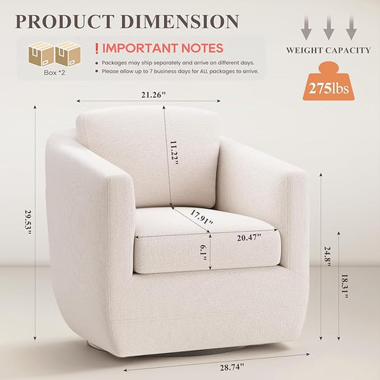 360° Swivel Accent Chair Set of 2 with Pillow - Comfy Living Room Armchair No-Sag Foam & Sturdy Metal Base, Fully Assembled Swivel Accent Single Sofa for Bedroom Living Room, Office, Beige