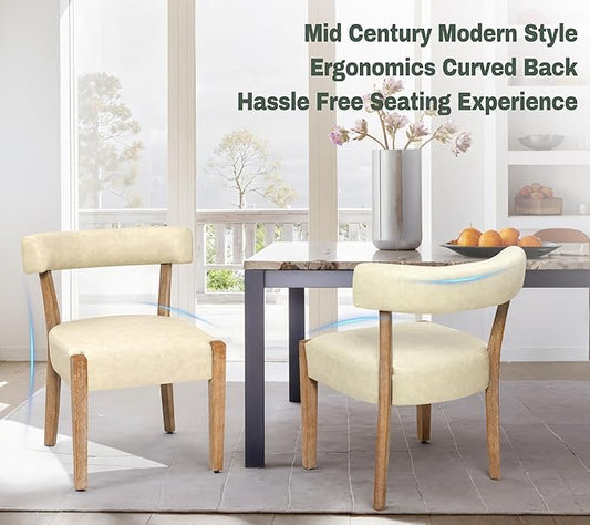 Modern Dining Chairs Set of 8, Faux Leather Upholstered Kitchen & Dining Room Chairs, Mid Century Modern Wooden Dining Chairs Oversized Sturdy Rounded Chairs Curved Back, Beige