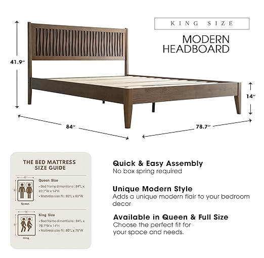 King Size Bed Frame, Solid Wood Platform Bed with Headboard & Footboard, 12 Sturdy Slatted, Central Metal Legs, Easy Assembly, Noise & Anti-Slip, No Box Spring Needed, Barnwood Finish, OLK-30