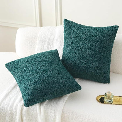 FUTEI Dark Green Throw Pillow Covers 16x16 Inch Set of 2,Furry Faux Fur Teddy Boucle Textured Cushion Covers,Soft Fluffy Decorative Pillow Case,Home Decor for Couch Bed Living Room Office Car