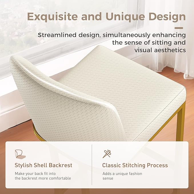 MAISON ARTS Off White & Gold Counter Height Bar Stools with Back Set of 6 for Kitchen Counter 24 Inch Modern Upholstered Faux Leather Barstools Farmhouse Bar Chairs Luxury Island Stools Support 330LBS