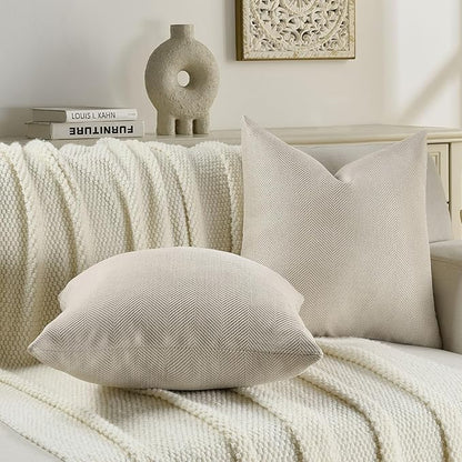 FUTEI Beige Chenille Throw Pillow Covers 16x16 Inch Set of 2,Soft Wide Chevron Textured Cushion Case,Farmhouse Home Decor for Couch Bed Living Room
