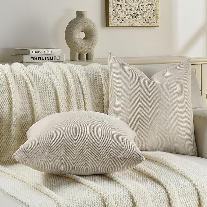 FUTEI Beige Chenille Throw Pillow Covers 22x22 Inch Set of 2,Soft Wide Chevron Textured Cushion Case,Farmhouse Home Decor for Couch Bed Living Room