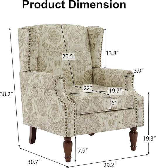 Pia Ricco Set of 2 Floral Accent Chairs, High Back Upholstered Armchairs with Retro Wingback Design, Nailhead Trim & Solid Wood Legs for Living Room Bedroom(Flower White)