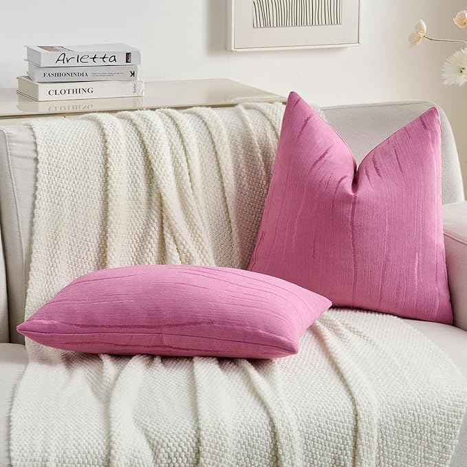 FUTEI Hot Pink Chenille Decorative Throw Pillow Covers 18x18 Inch Set of 2,Soft Embossed Striped Textured Cushion Case,Modern Home Decor for Couch Bed Living Room