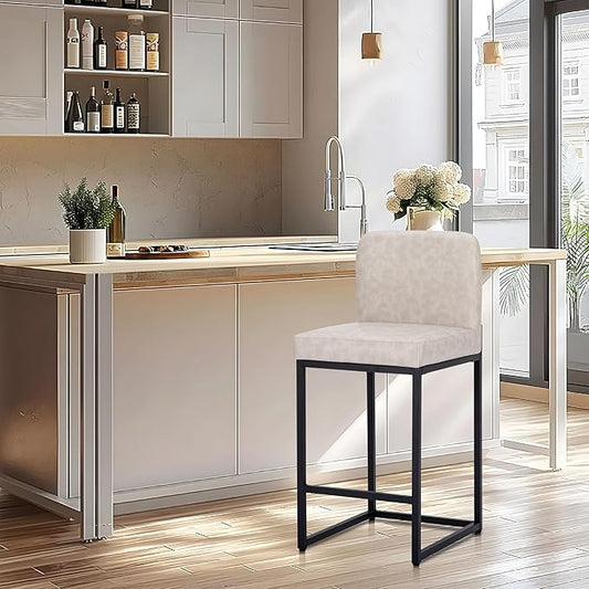 ALPHA HOME 24 Inch Bar Stools, Kitchen Counter Stools with Backs, PU Leather Barstools, Kitchen Stools with Back&Upholstered Footrest, Sturdy Chromed Metal Steel Frame, Light Gray