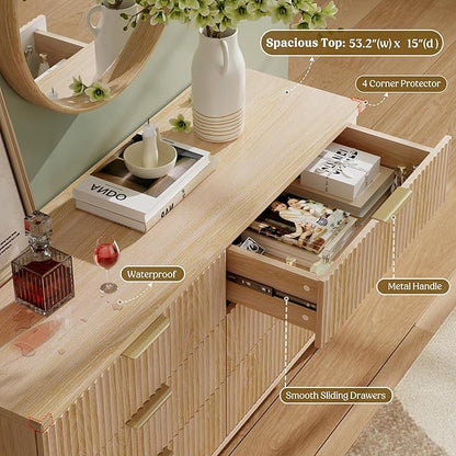 Lulive Dresser for Bedroom Wood Dressers Chest of Drawers, Fluted 53.2" Wide Modern Long Dresser TV Stand 6 Drawers for Bedroom, Closet, Living Room, Hallway (Natural)