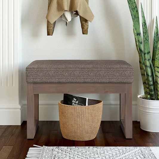 SIMPLIHOME Milltown 27 inch Wide Contemporary Rectangle Footstool Ottoman Bench in Mink Brown Tweed Look Fabric, Assembled, for the Living Room and Bedroom