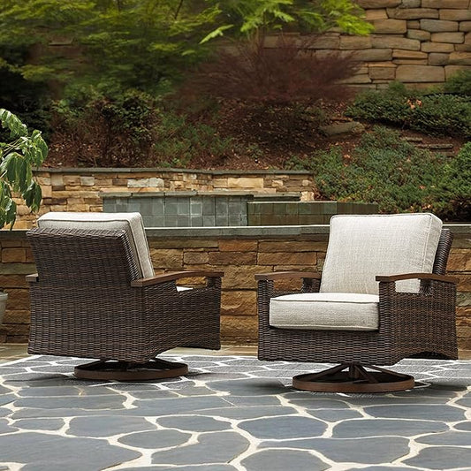 Signature Design by Ashley Paradise Trail Outdoor Swivel Upholstered Lounge Chair with All Weather Cushion, Set of 2, Cleanable Performance Fabric, Beige