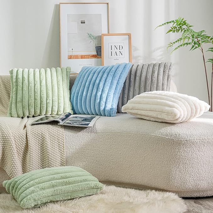 DEELAND Pack of 2,Double-Sided Faux Fur Plush Decorative Throw Pillow Covers Fuzzy Striped Soft Pillowcase Cushion Covers for Sofa Couch Bedroom Green 18x18 inch