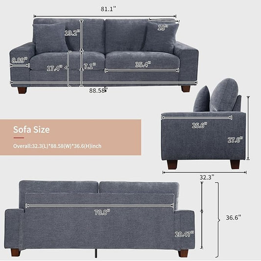 DOPEDIO Modern Loveseat Sofa for Living Room,Chenille Recliner, Removable Cover, Spring Cushions, Solid Wood Frame, Easy Assembly for Small Spaces (88.58inch，Blue)