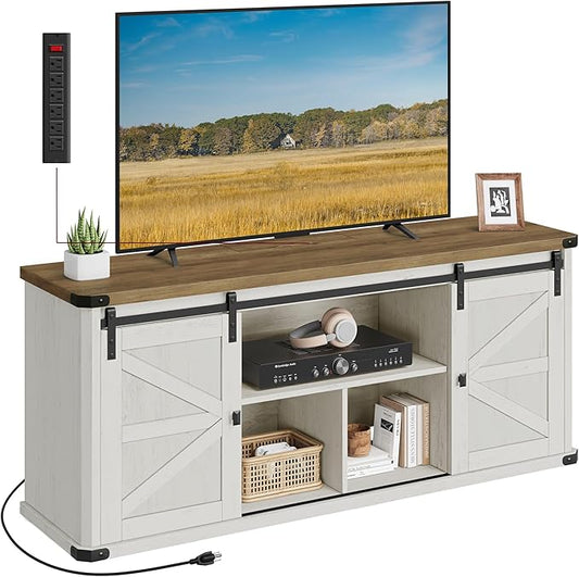 VASAGLE TV Stand for TVs up to 65 Inches, Farmhouse Entertainment Center with Sliding Barn Doors, TV Console Table for Living Room, Rustic White and Honey Brown ULTV324W73