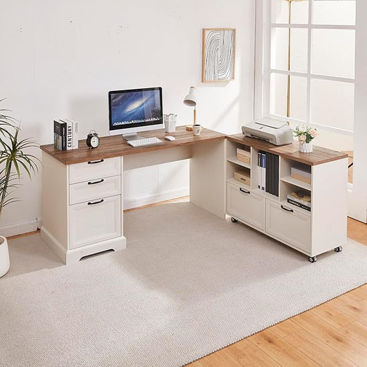 60" L-Shaped Executive Desk with 40" File Cabinet,Farmhouse Home Office Desk with Charging Station,Wood Computer Desk Set for Office Work,Home Study