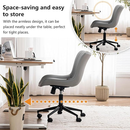YOUNIKE Grey Home Office Desk Chair with Wheels Comfy Armless Vanity Chair with Back Modern Leather Upholstered Rolling Computer Task Chair Small Cute Drafting Sewing Chair Swivel Adjustable Ergonomic
