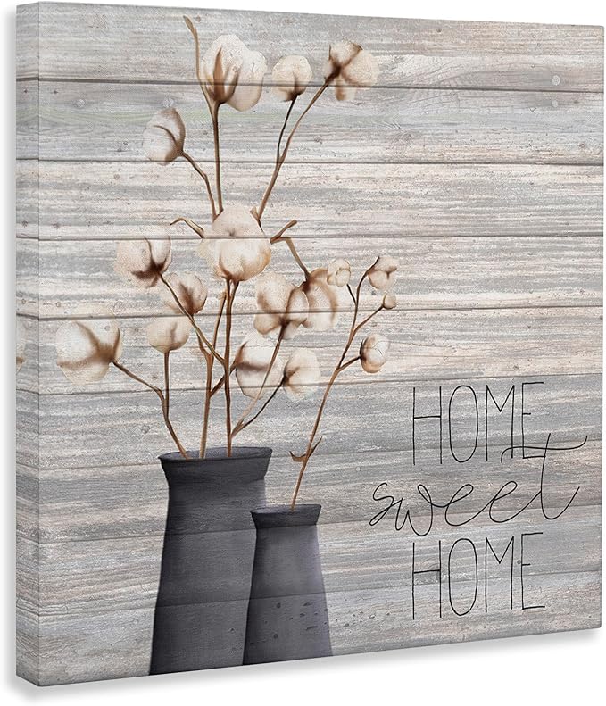 Stupell Industries Grey Sweet Home Cotton Flowers in Vase Canvas Wall Art, 24x24, Multicolor