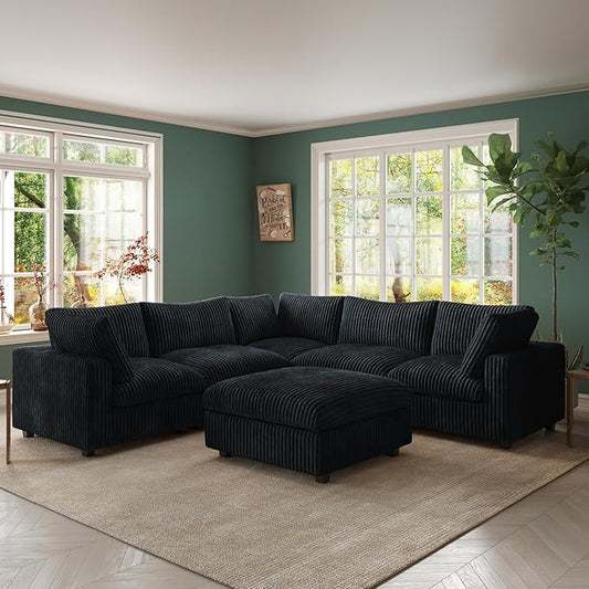 Modular Sectional Sofa Cloud Couch, Deep Seat Comfy Modular Couches for Living Room, Ottoman, Plush Couch Cushion Covers Removable, Black