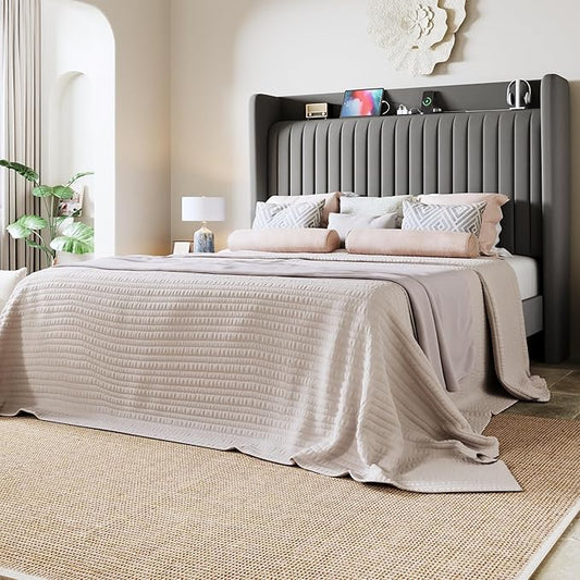Allewie Full Size Platform Bed Frame with USB Charging Station and Storage Shelf/Upholstered Velvet Wingback Headboard/Wooden Slats Support/No Box Spring Needed/Easy Assembly, Grey