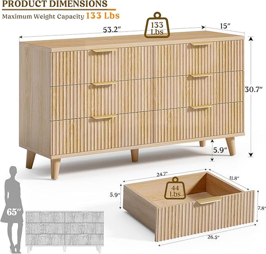 Lulive Dresser for Bedroom Wood Dressers Chest of Drawers, Fluted 53.2" Wide Modern Long Dresser TV Stand 6 Drawers for Bedroom, Closet, Living Room, Hallway (Natural)