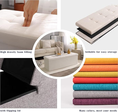 CUYOCA Storage Ottoman Bench Foldable Seat Footrest Shoe Bench End of Bed Storage with Flipping Lid, 75L Storage Space, 30 inches Linen Fabric Sandy Beige