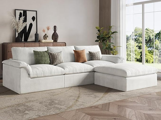 EASE MOOSE Oversized Boneless Cloud Couch for Living Room, Modular Sectional Sofa L-Shape, Cloud Sofa Set with Fluffy Foam, 4-Seat Deep Comfy Sofa with Ottoman for Bedroom Apartment, Chenille (White)