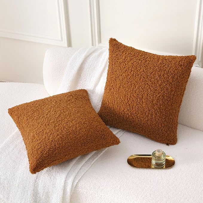 FUTEI Rust Throw Pillow Covers 24x24 Inch Set of 2,Furry Faux Fur Teddy Boucle Textured Cushion Covers,Soft Fluffy European Pillow Shams,Home Decor for Couch Bed Living Room Office Car